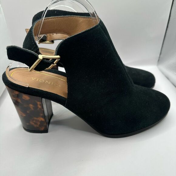 Vionic Perk Lacey Tortoise and Black Suede Slingback Block Heel Bootie 10 - Picture 5 of 10